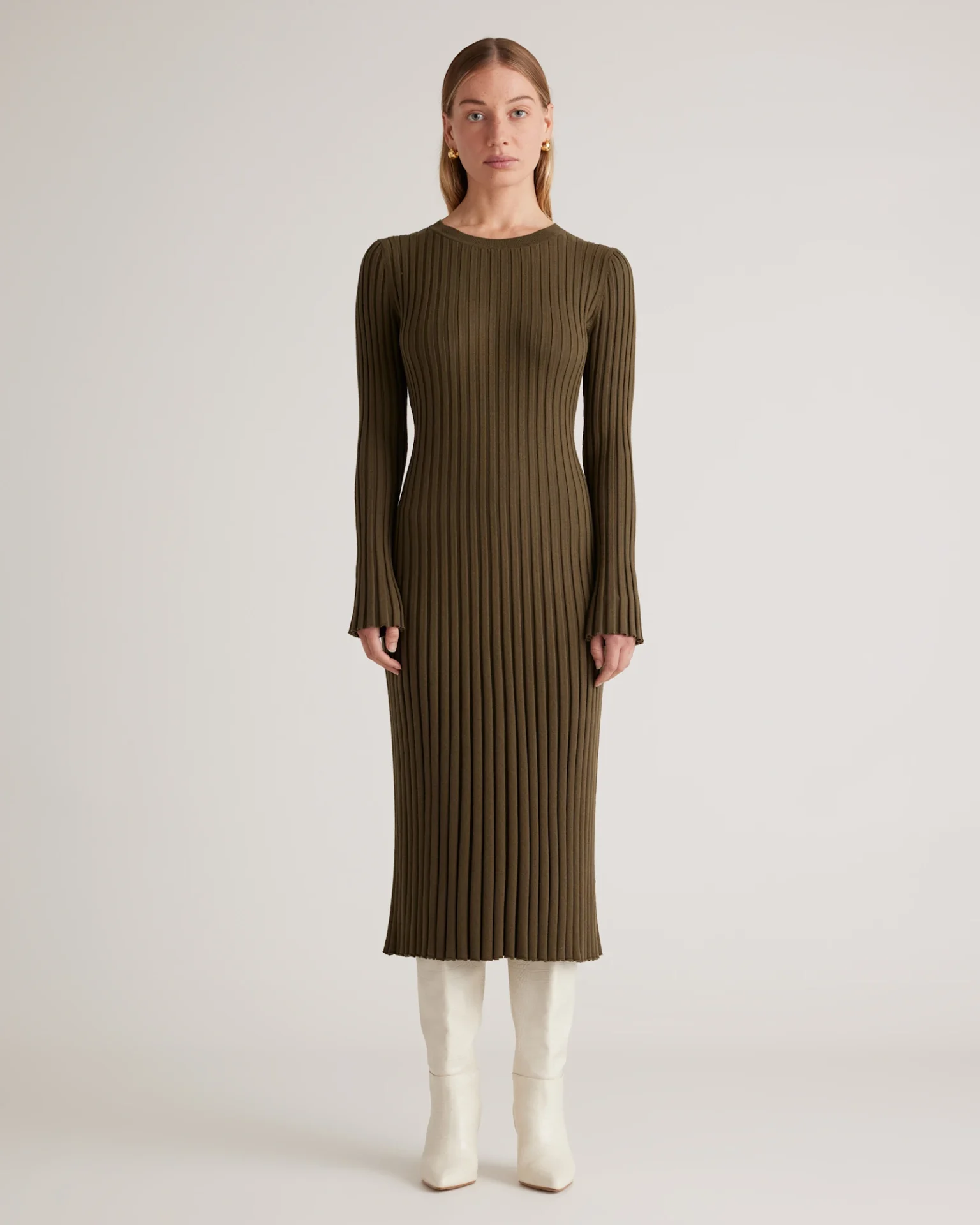 Cotton Cashmere Ribbed Long Sleeve Crew Midi Dress (Olive)