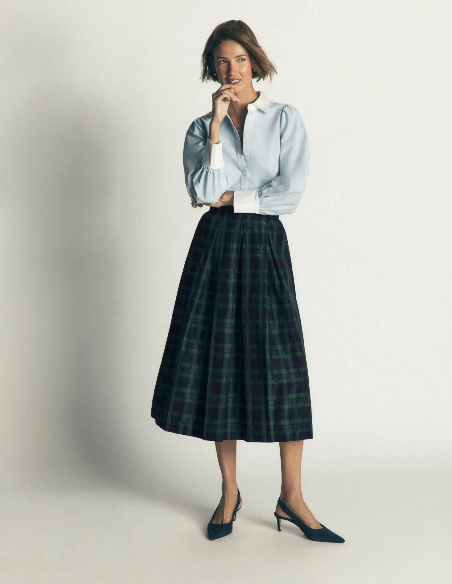 Verity Taffeta Midi Skirt (Navy, Green, Blue Tonal Check)