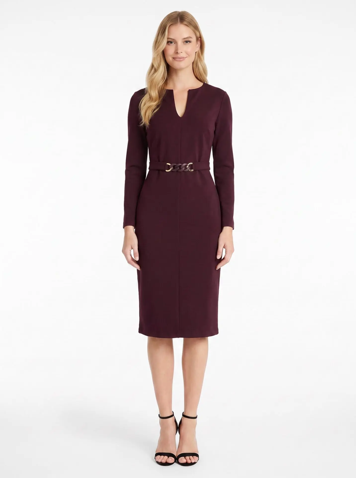 Ginevra Belted Long Sleeve Sheath (Arresting Burgundy)