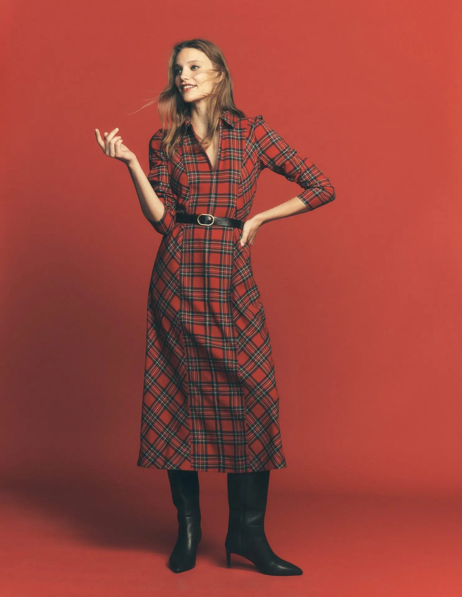 Una Collared Check Midi Dress (Red, Blue and Green Check)