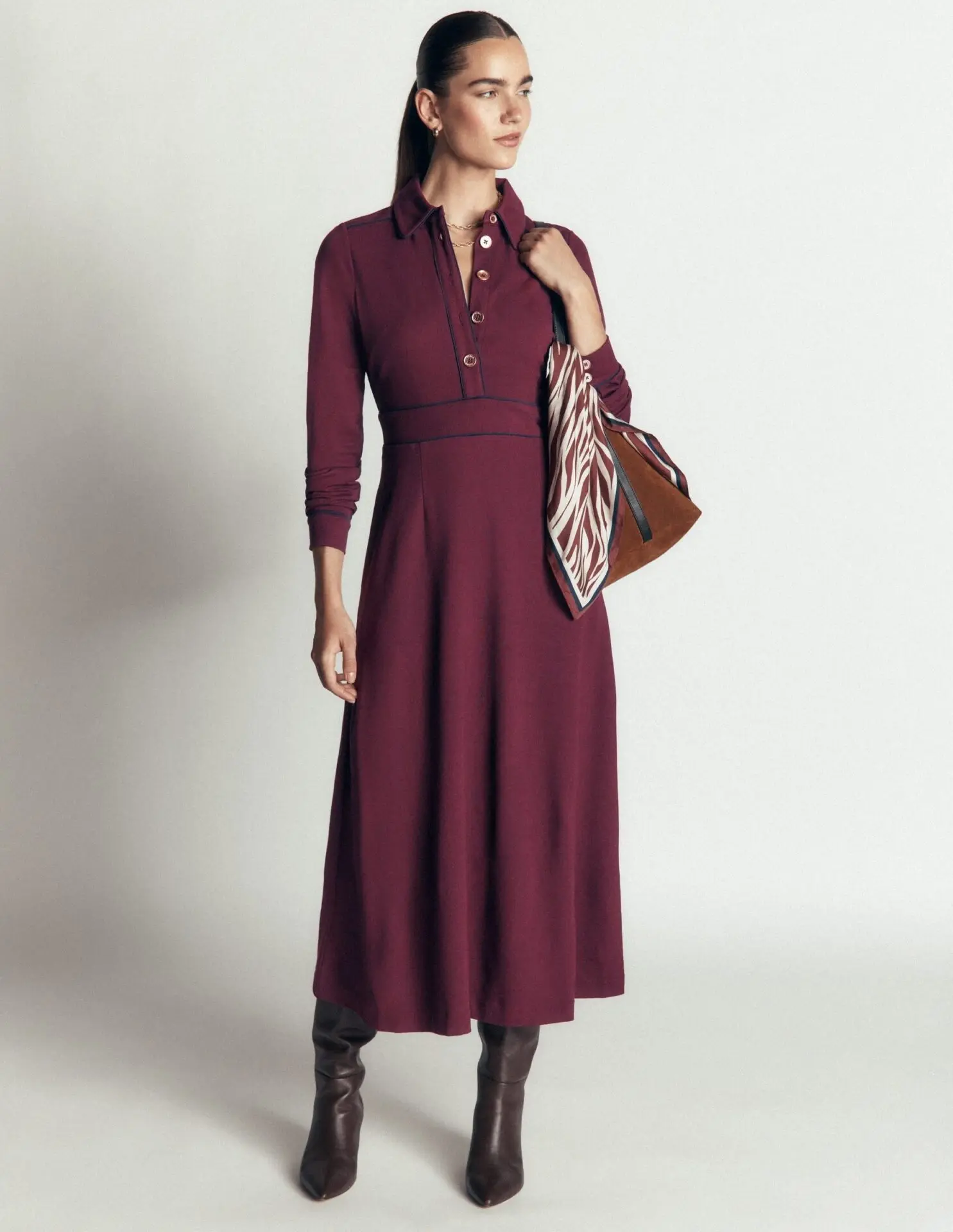 Etta Piping Detail Ponte Dress (Dark Cherry, Navy)