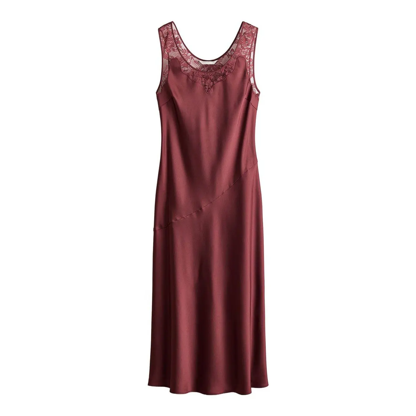Lace-Inset Satin Dress (Rust red)