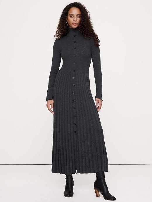 Ribbed Buttoned Sweater Dress (Charcoal Gray)