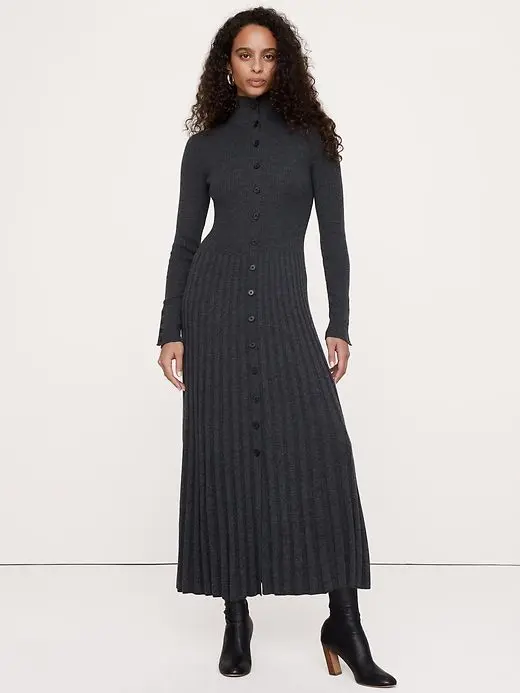 Ribbed Buttoned Sweater Dress (Charcoal Gray)