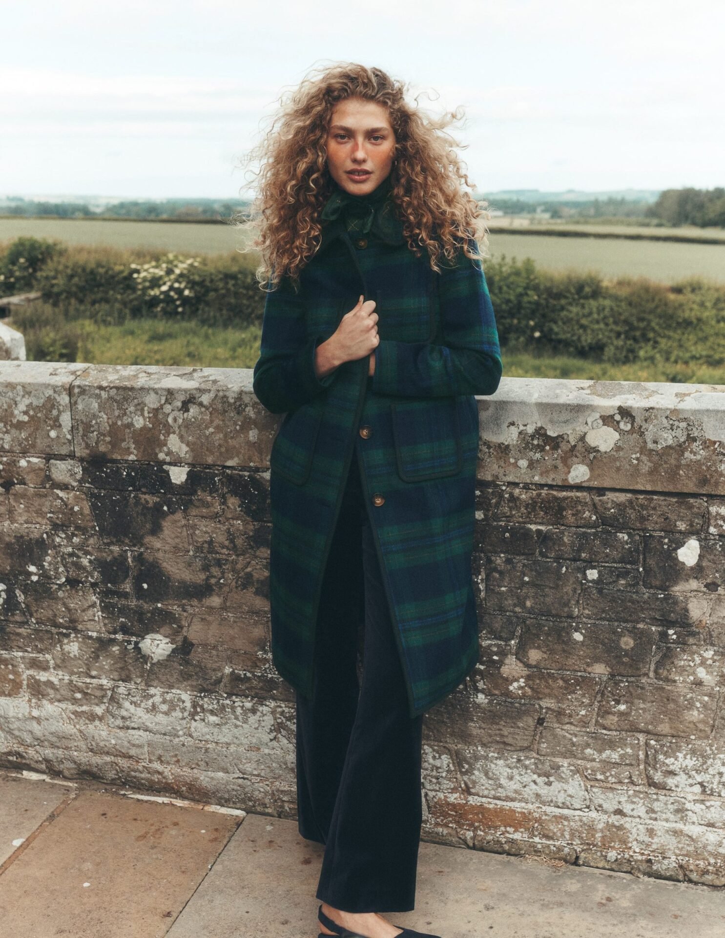 Patch Pocket Wool Blend Coat (Navy, Green and Blue Check)