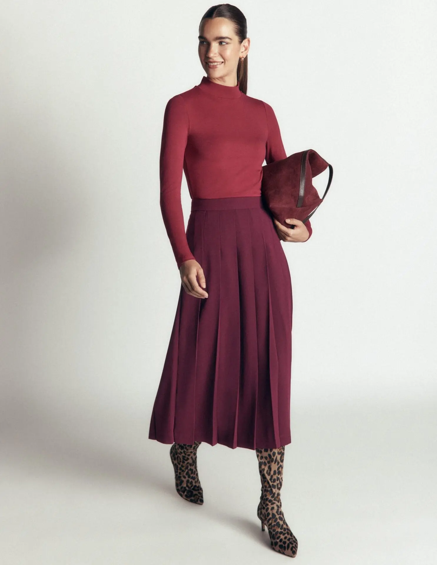 Pleat Side Split Midi Skirt (Dark Cherry)