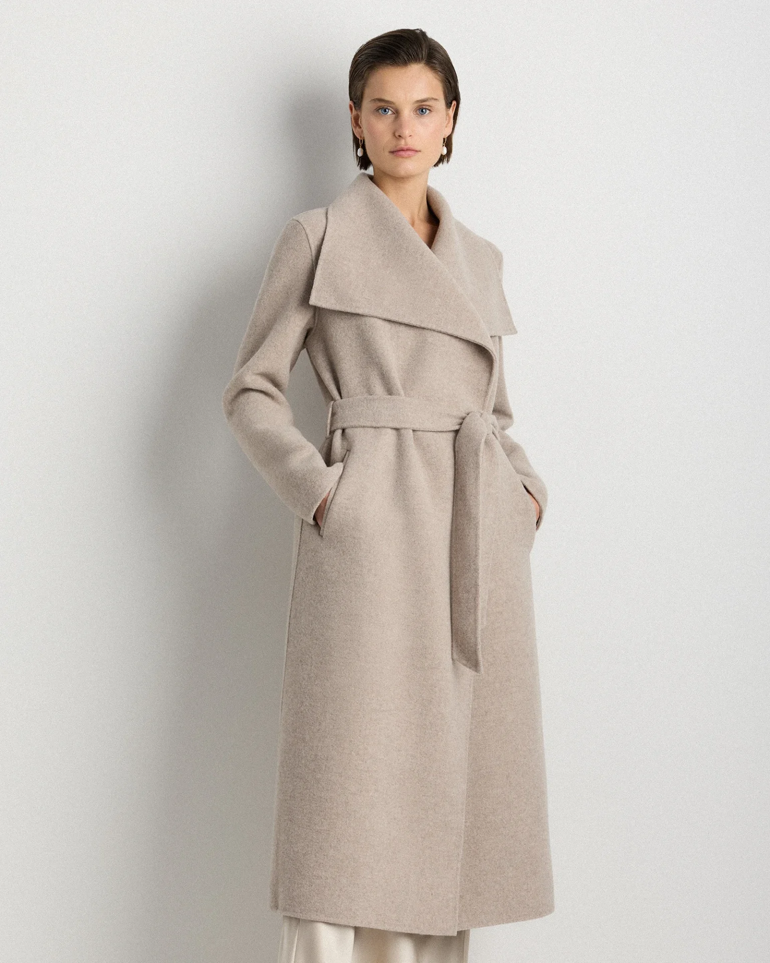 Double-Faced Merino Wool Draped Collar Wrap Coat (Oat)