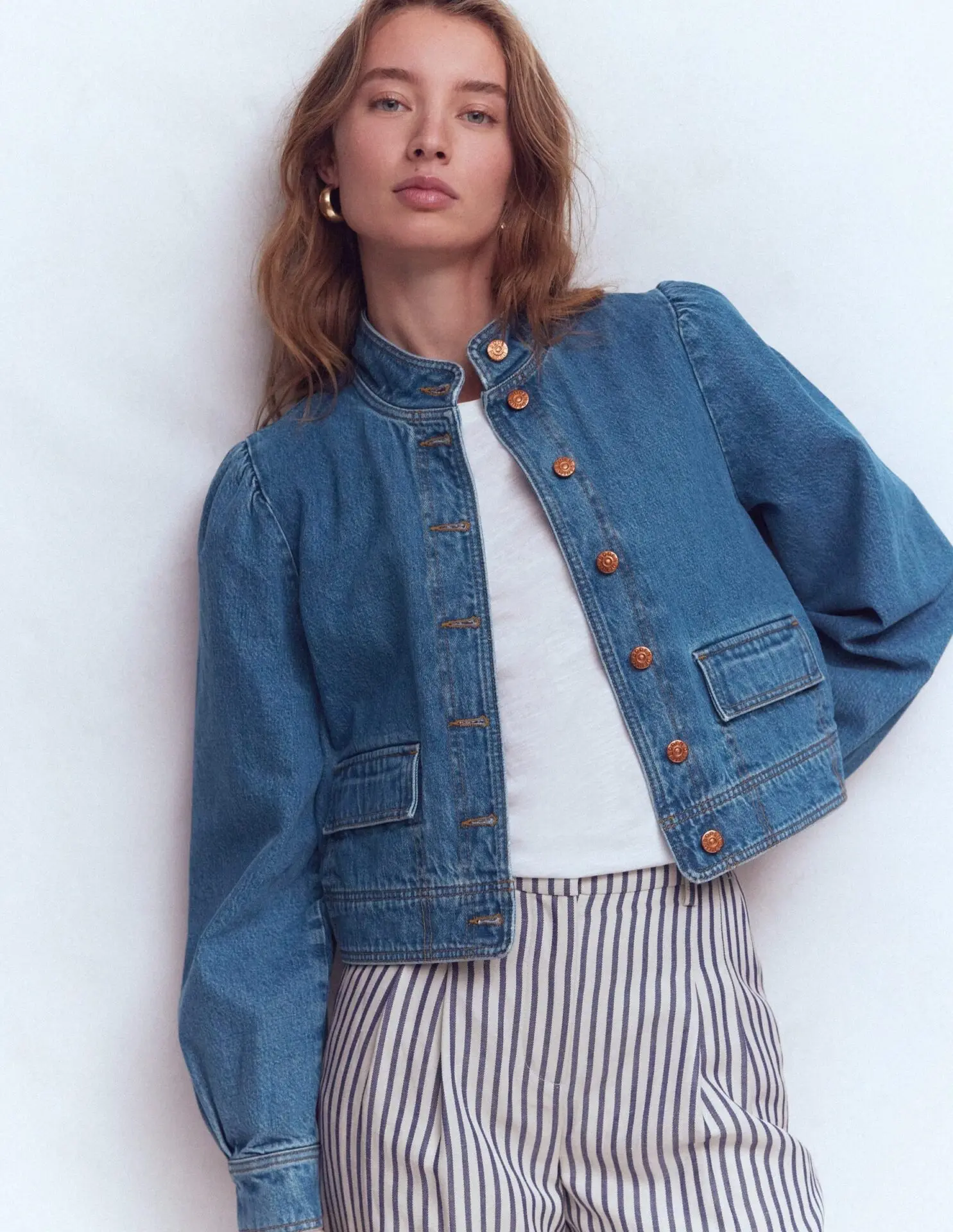 Topstitch Denim Jacket (Mid Wash, Denim)