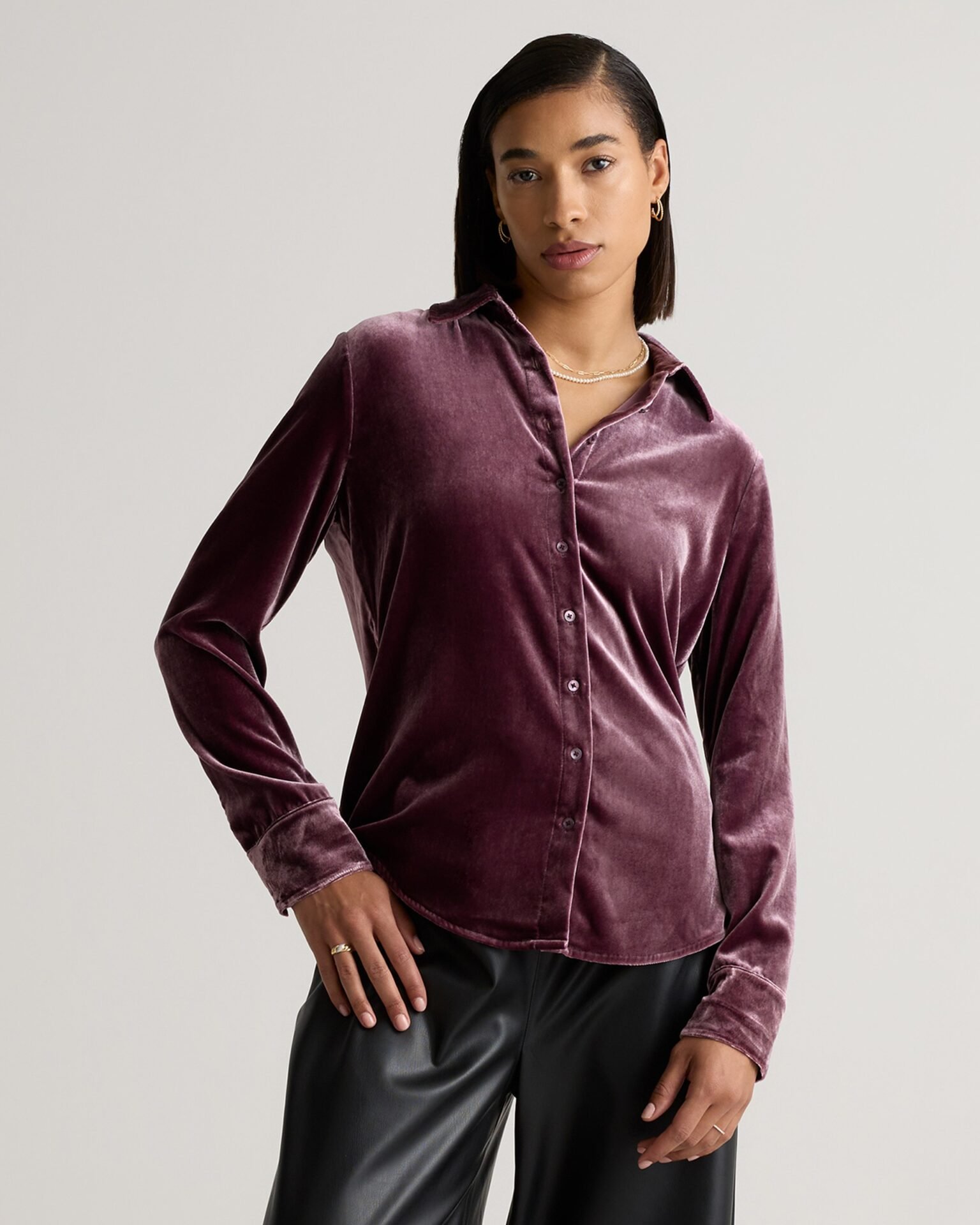 Stretch Silk Velvet Long Sleeve Shirt (Wine Tasting Red)