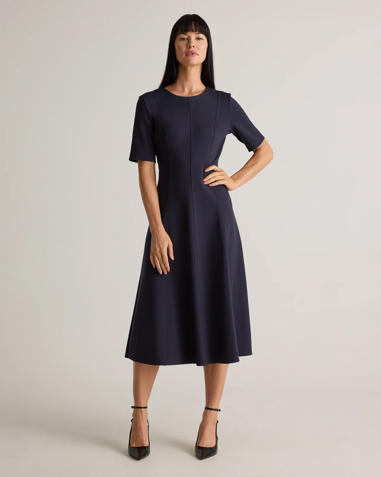 Ultra-Stretch Ponte Short Sleeve Midi Dress (Navy)