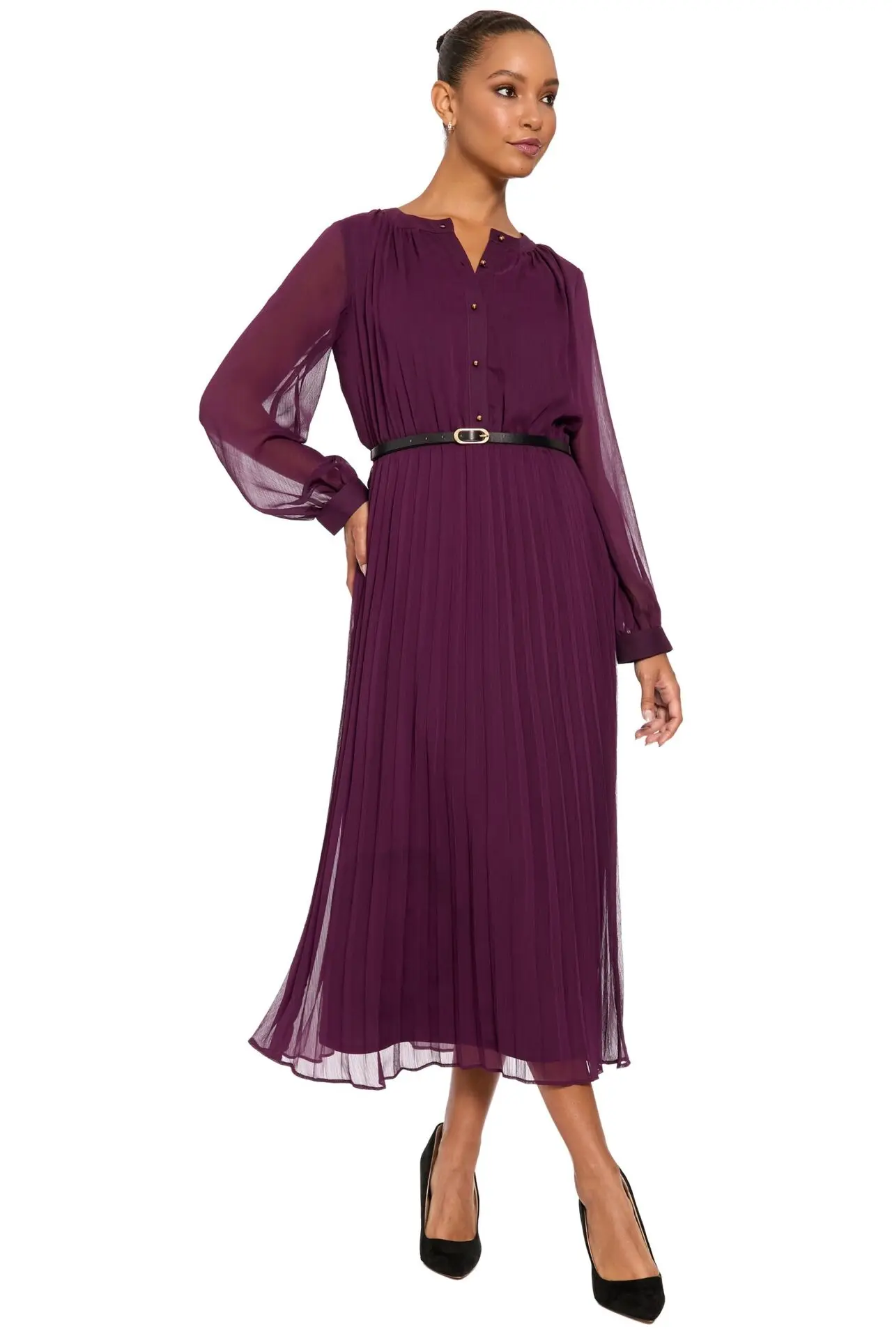 Tamsen Chiffon Pleated Shirtdress (Plum)