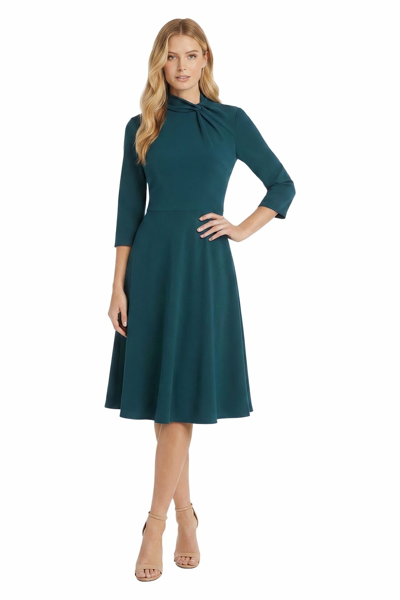 Theodora Twist Neck Fit-and-Flare Dress (Deep Teal)
