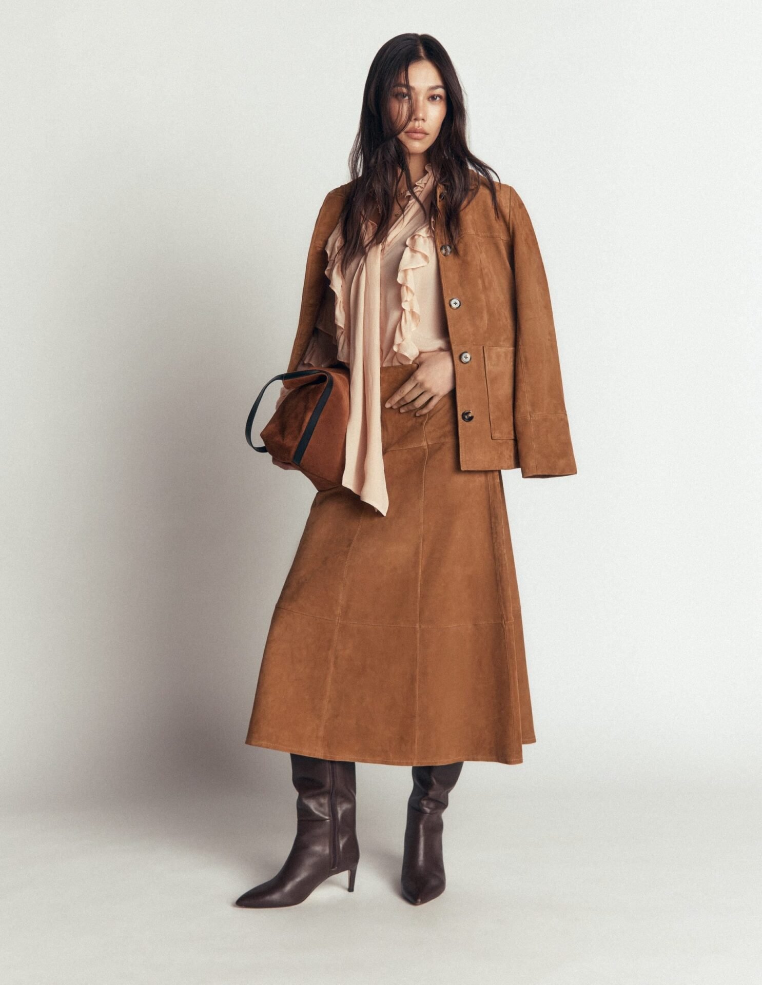 Suede Panelled Midi Skirt (Tan)
