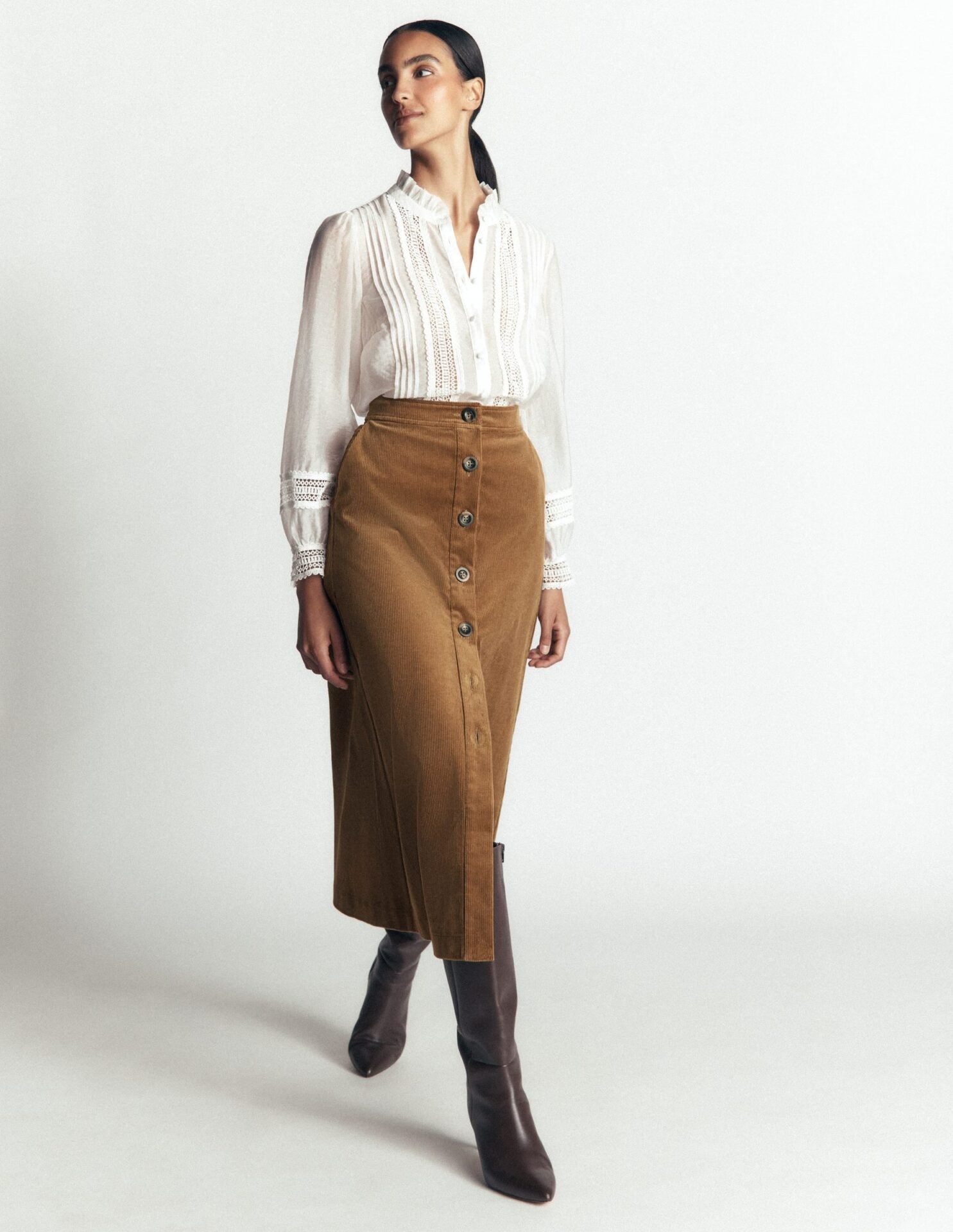 Val Button Cord Midi Skirt (Gingerbread)