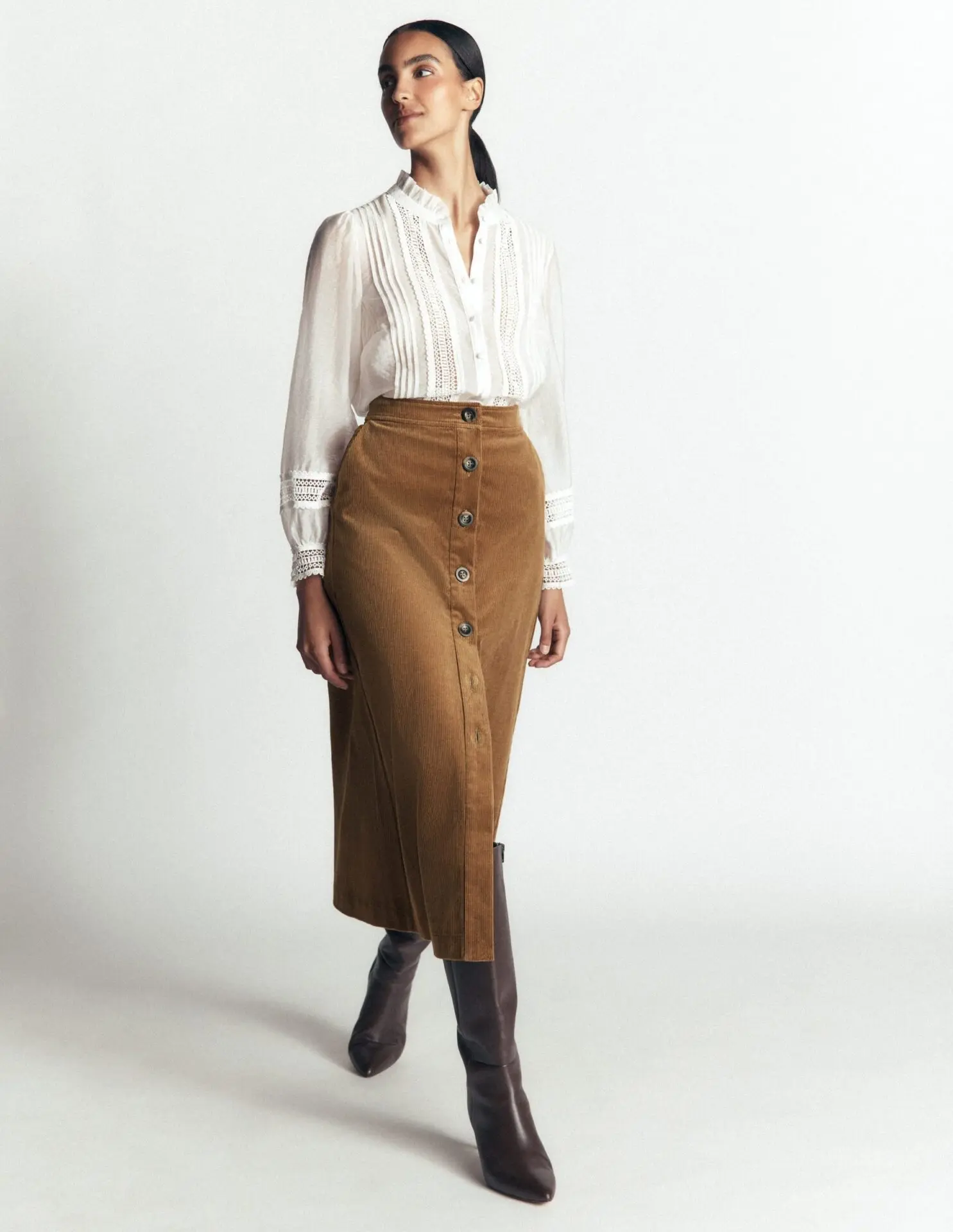 Val Button Cord Midi Skirt (Gingerbread)