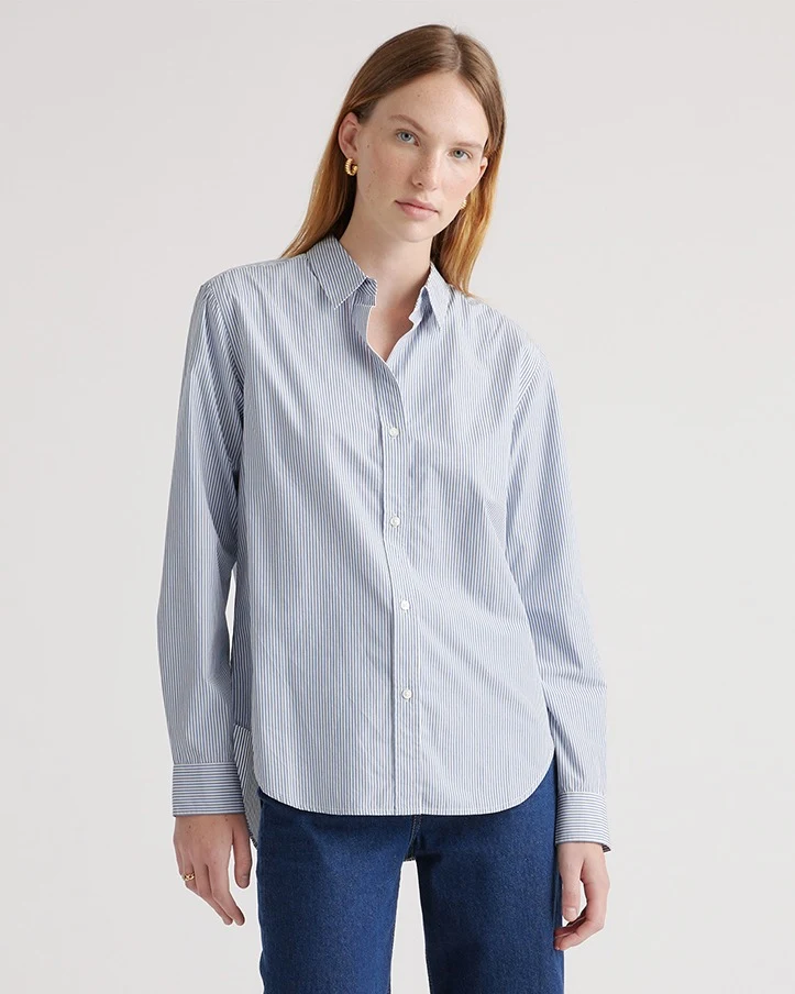 100% Organic Cotton Poplin Long Sleeve Shirt (Light Blue Stripe)
