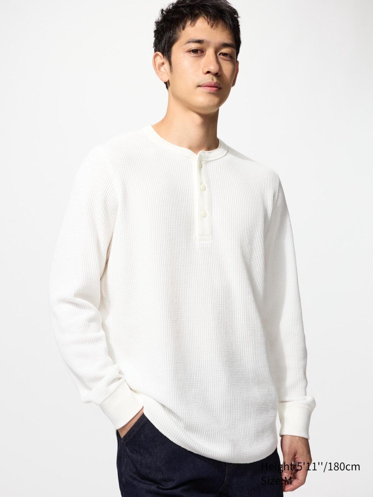 Waffle Henley Neck T-Shirt | Long Sleeve (01 Off White)