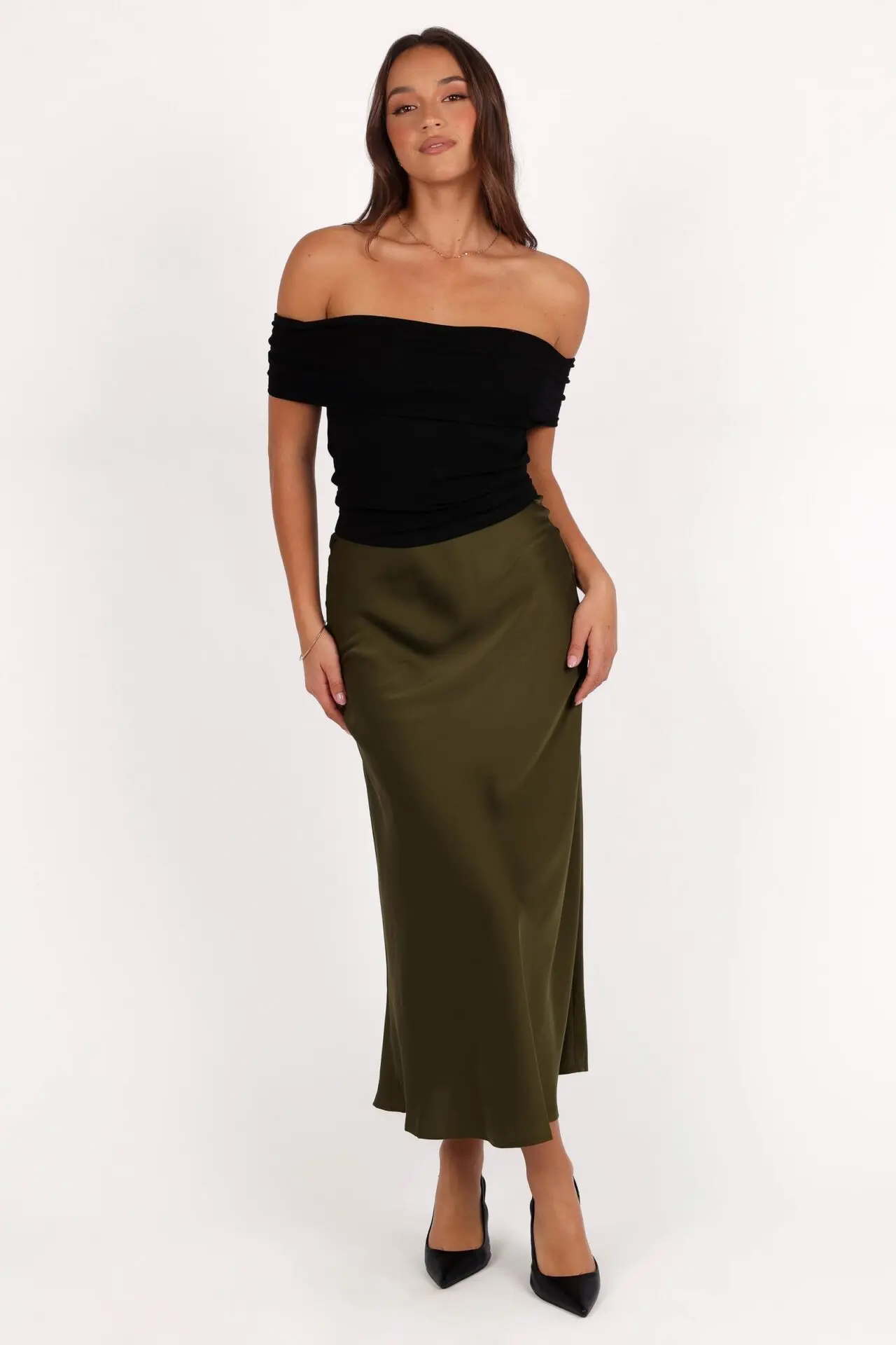 Nellie Satin Midi Skirt (Olive)