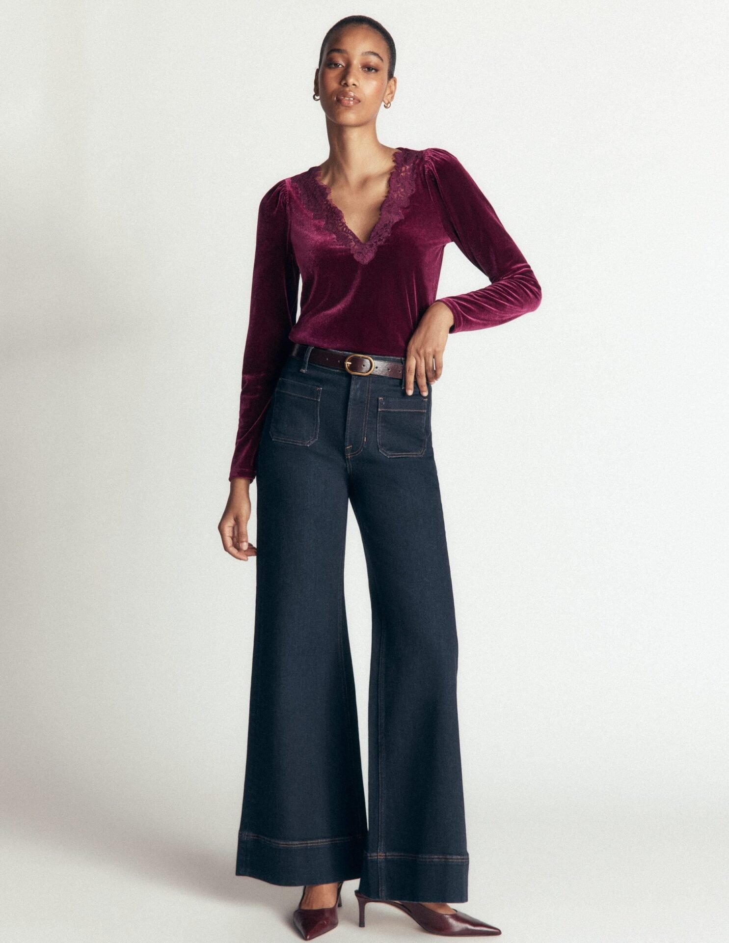 Lace Trim V-Neck Velvet Top (Beetroot Red)