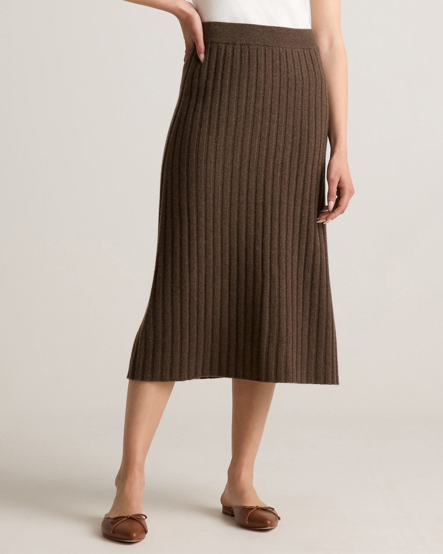 Mongolian Cashmere Rib Midi Skirt (Brown)
