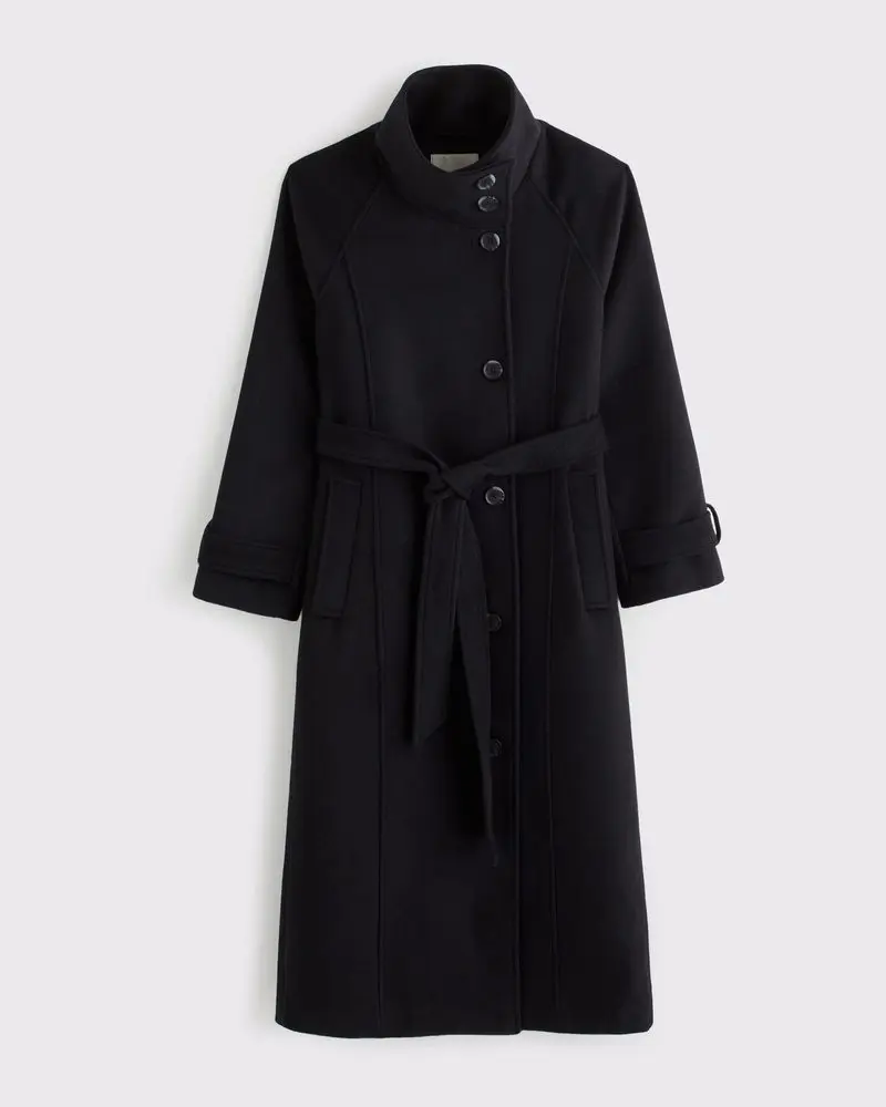 Funnel Neck Wool-Blend Long Coat (Black)