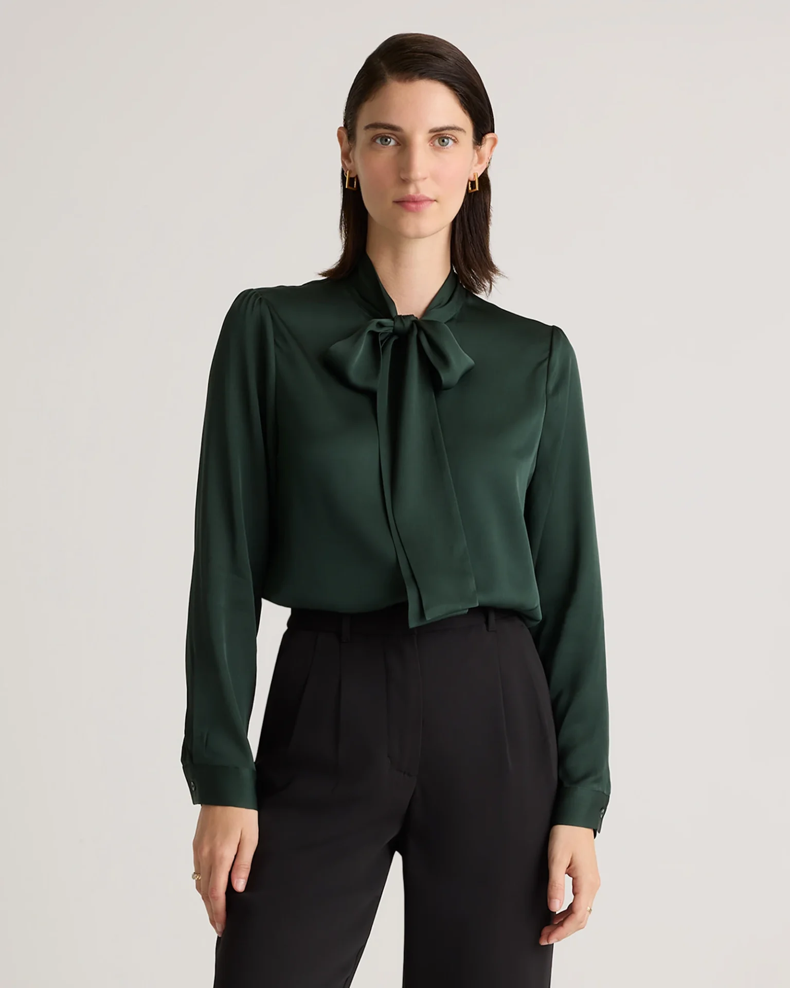 Washable Stretch Silk Tie Neck Blouse (Forest Green)