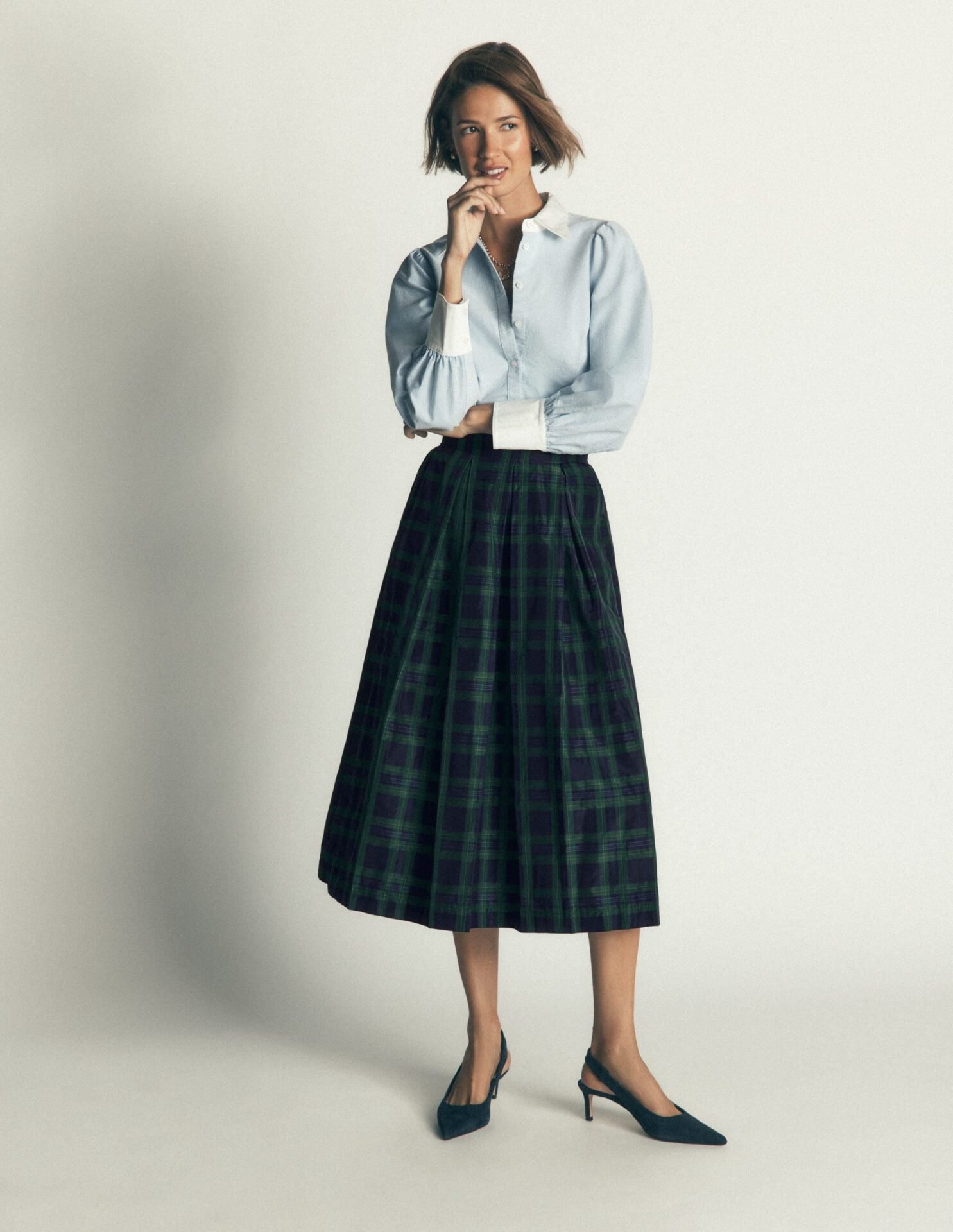 Verity Taffeta Midi Skirt (Navy, Green, Blue Tonal Check)