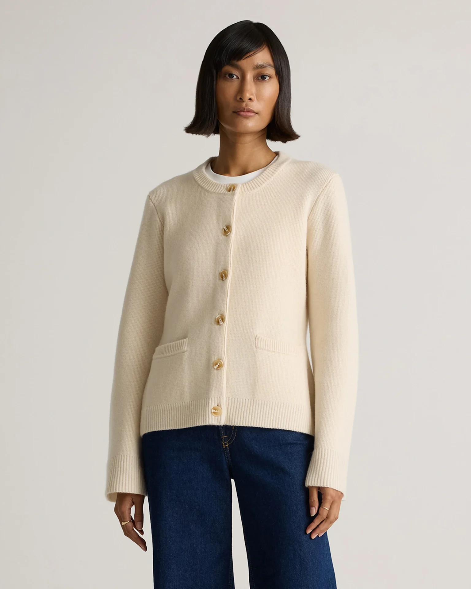 Mongolian Cashmere Structured Cardigan (Ivory)