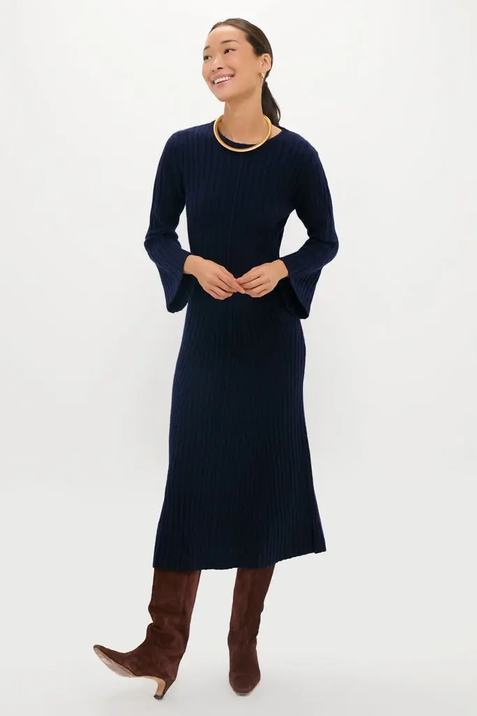 Wool Ribbed Knit Althea Maxi Dress (Navy)