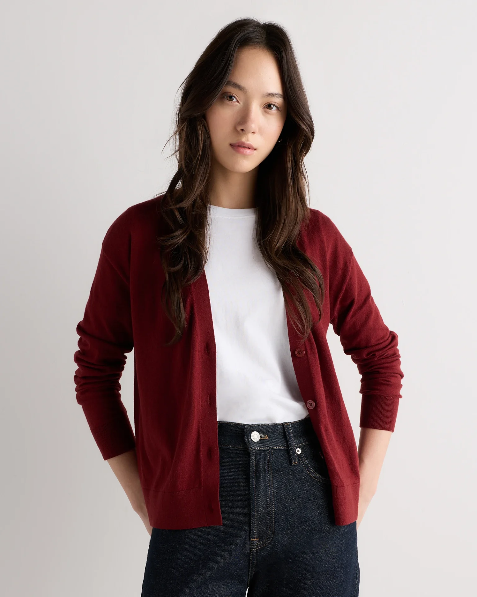 Lightweight Cotton Cashmere Cardigan (Deep Brick Red)