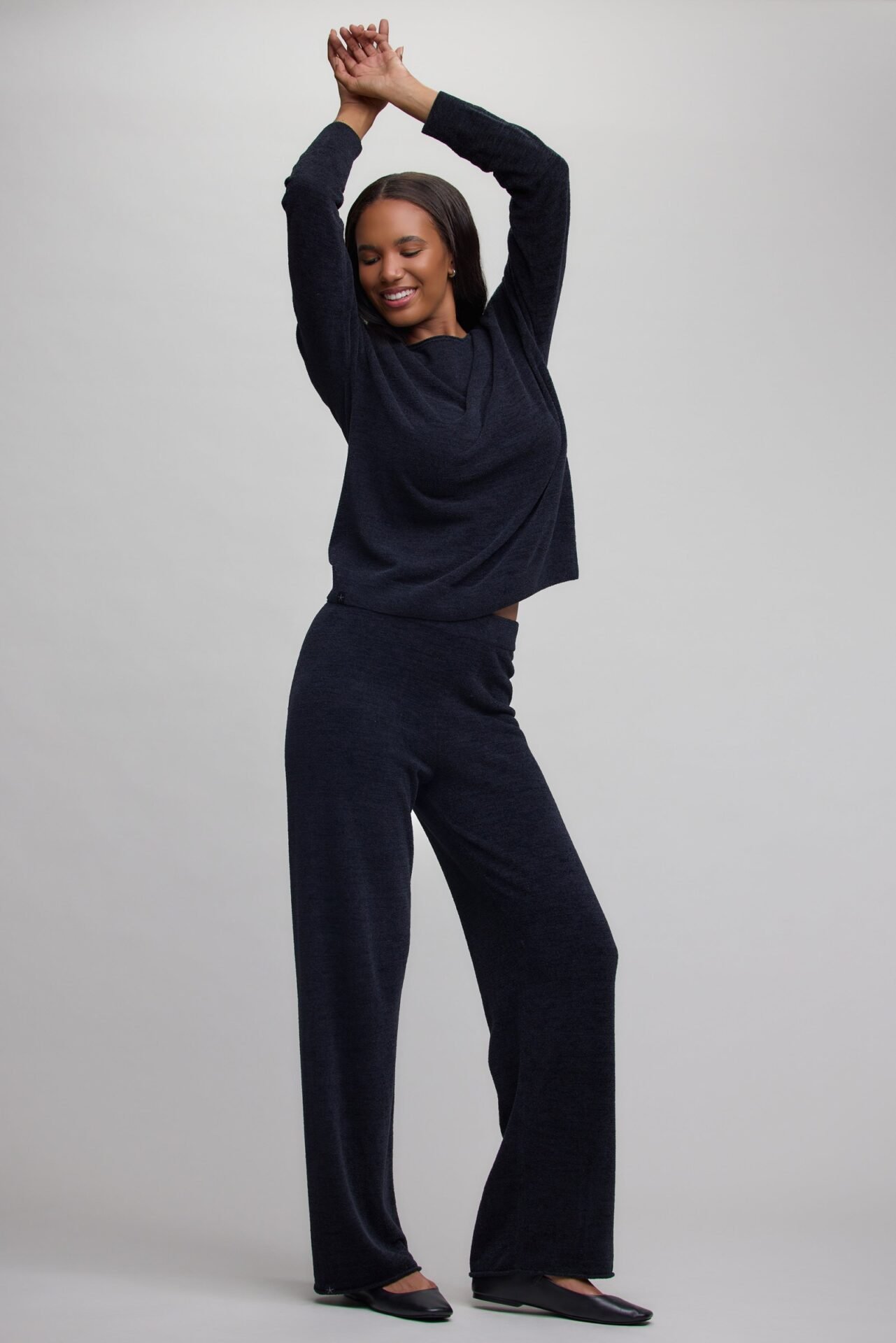 CozyChic Ultra Lite Jersey Roll Pullover & Wide Leg Pant Set (Black)