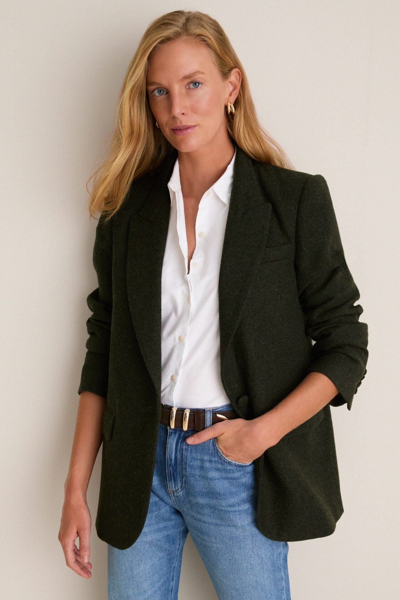 Hunter Green Tweed Herringbone Leo Blazer