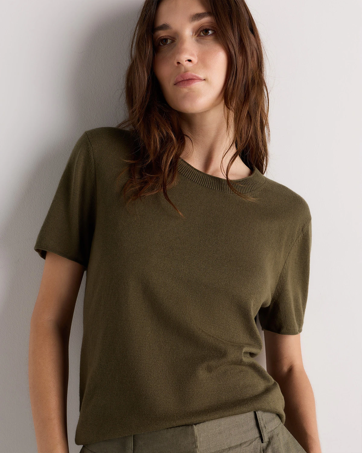 Lightweight Cotton Cashmere Relaxed Sweater Tee (Olive)