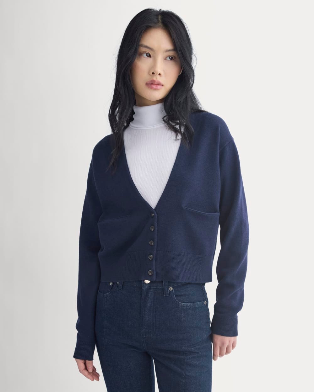 Deep V-Neck Cardigan in Cotton Merino (Navy)