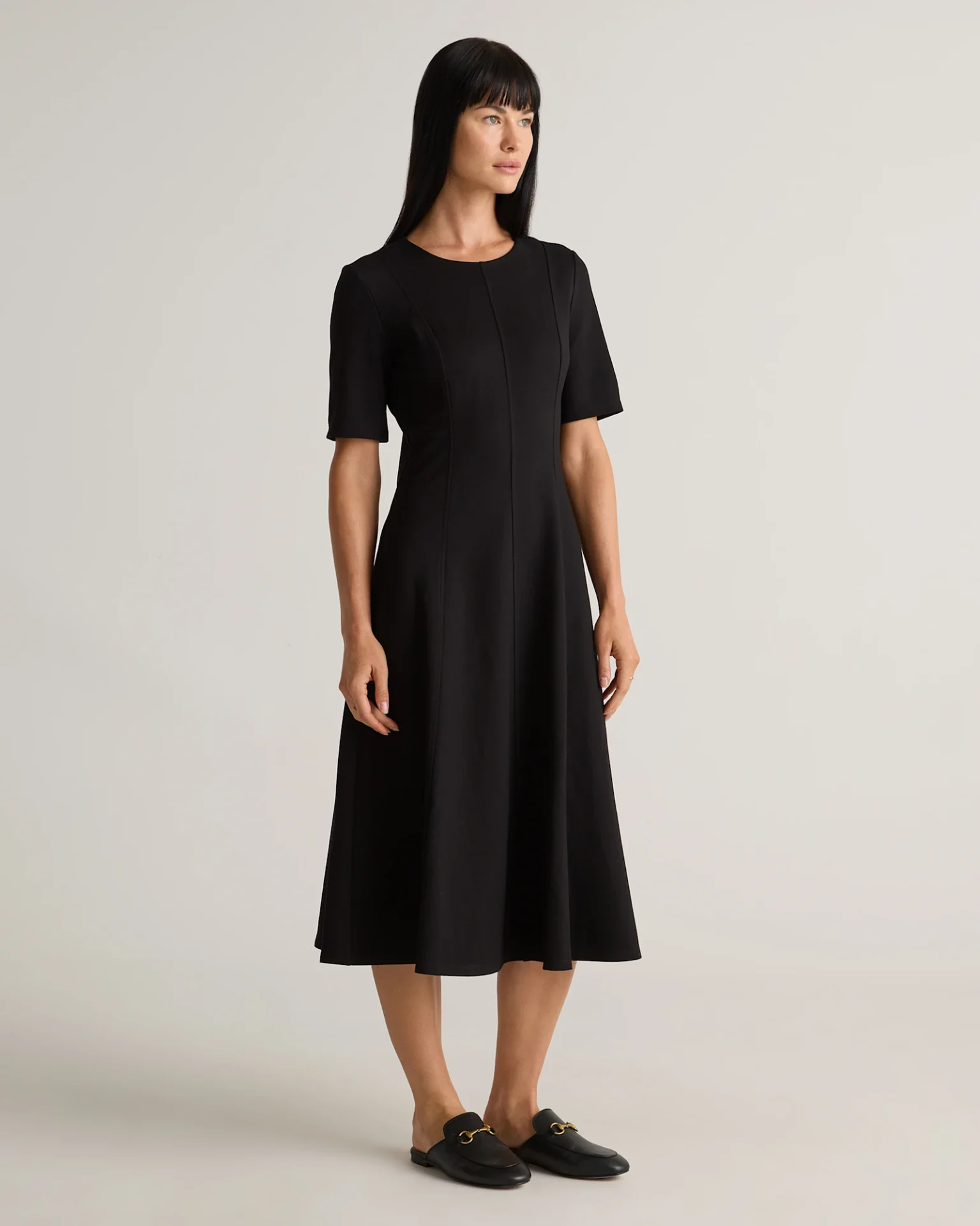 Ultra-Stretch Ponte Short Sleeve Midi Dress (Black)