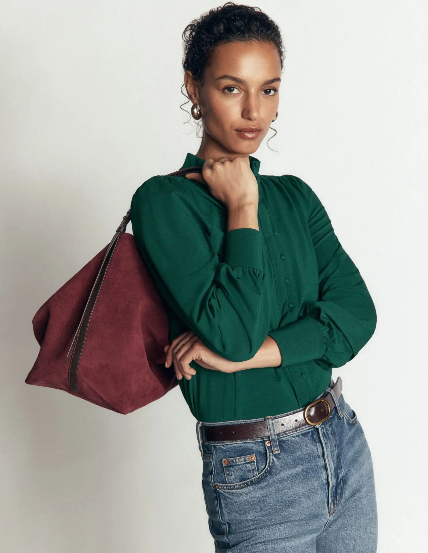 Isla Funnel Neck Button Blouse (Emerald Night)