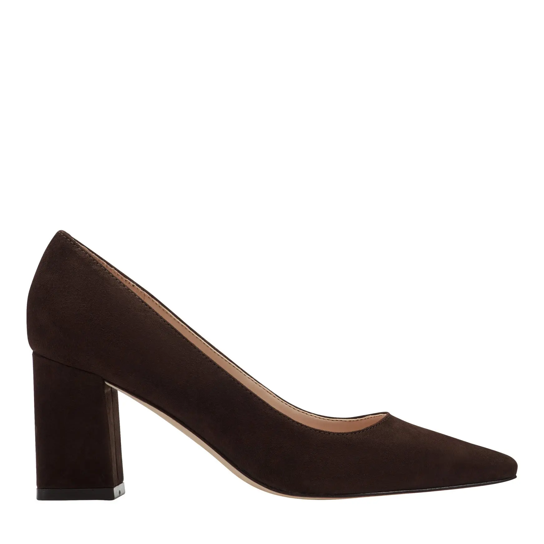 Zala Block Heel Pointy Toe Pump (Dark Brown Suede)