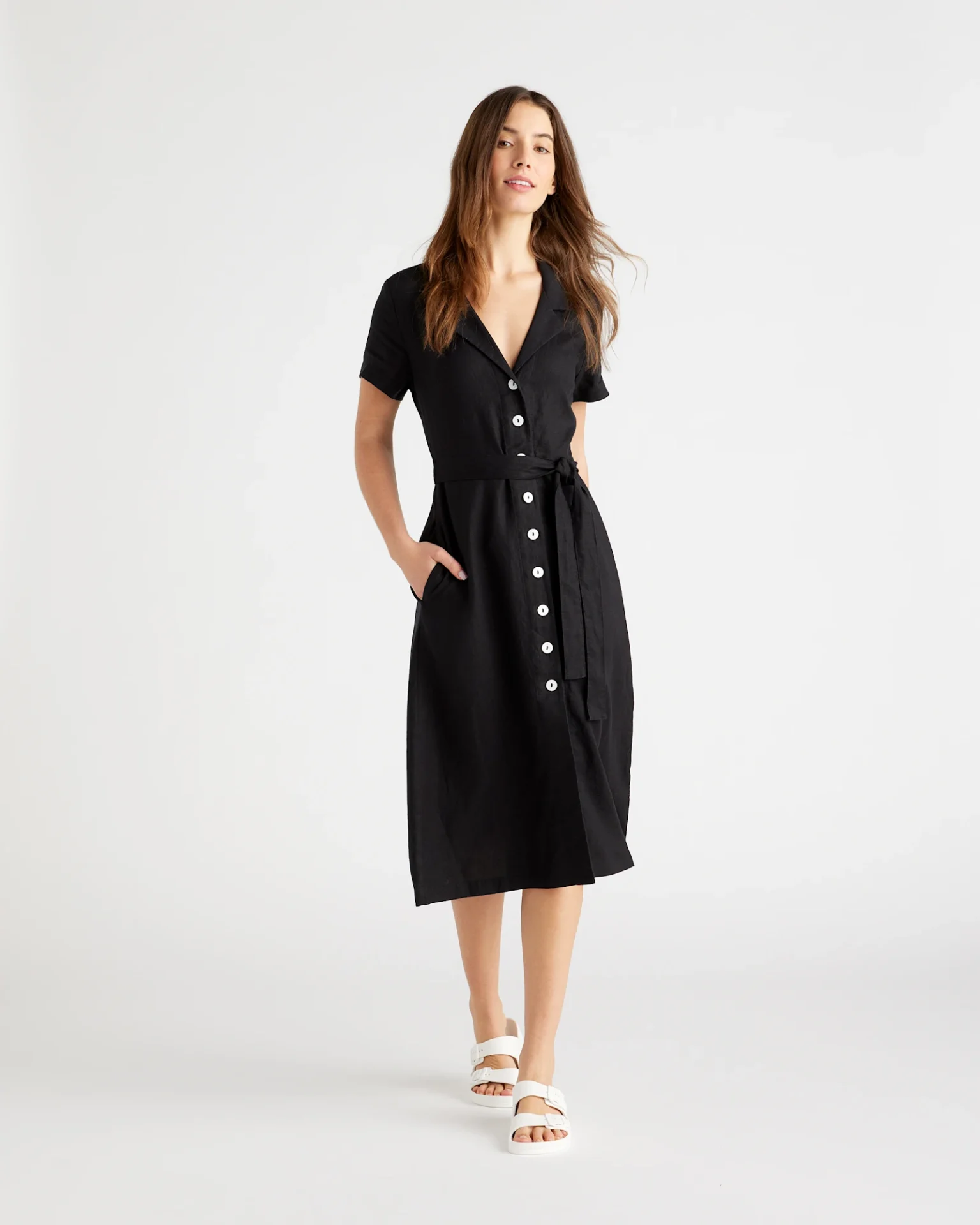 100% European Linen Button Front Dress (Black)