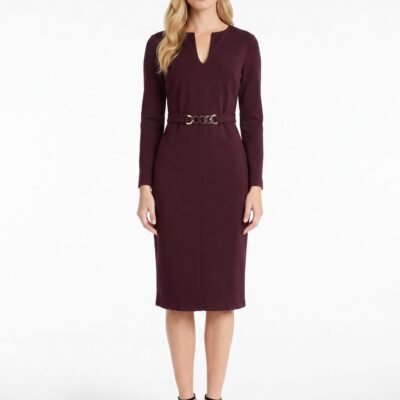 Ginevra Belted Long Sleeve Sheath Midi Dress (Arresting Burgundy)