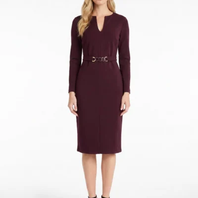 Ginevra Belted Long Sleeve Sheath Midi Dress (Arresting Burgundy)