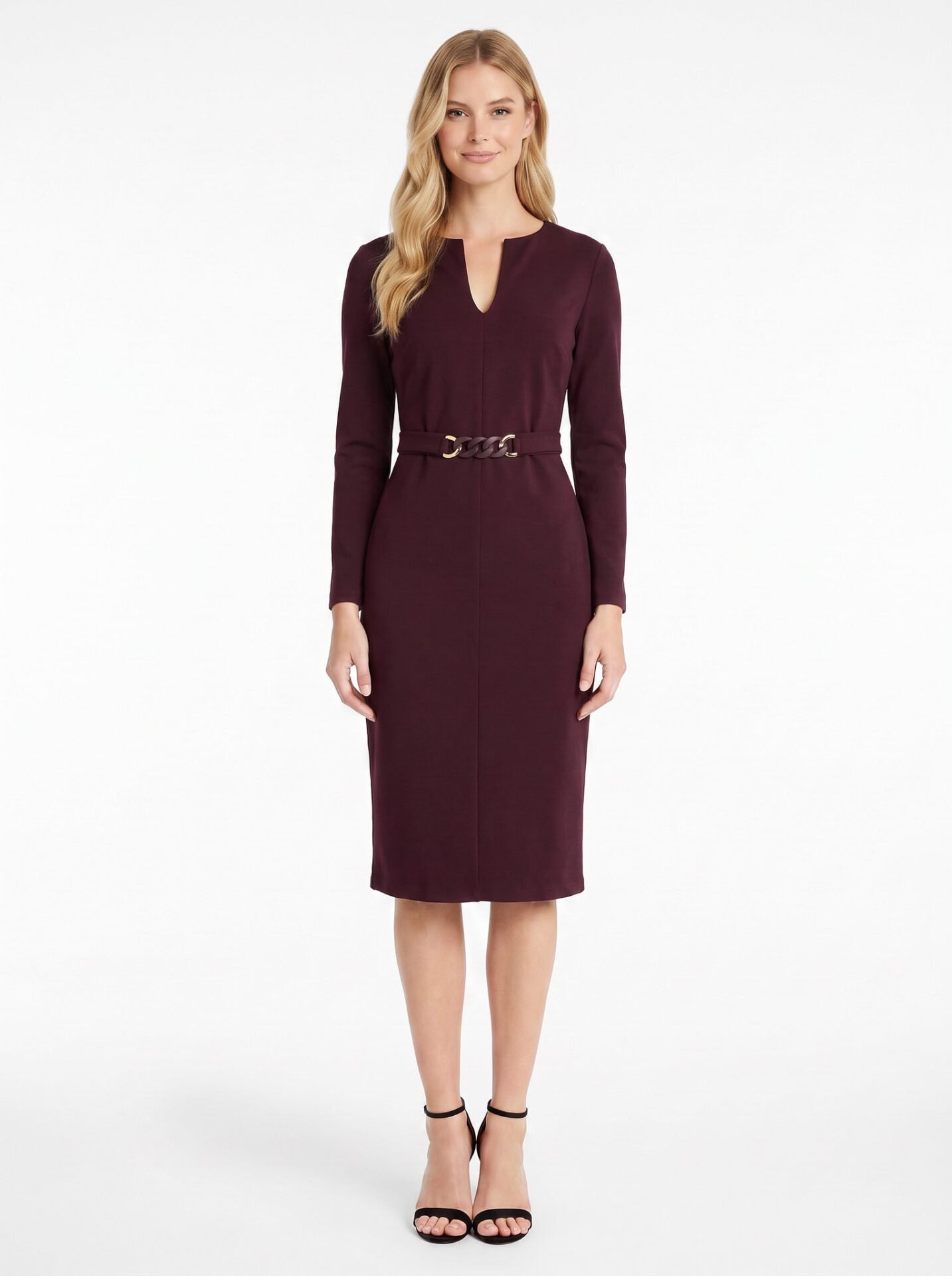 Ginevra Belted Long Sleeve Sheath Midi Dress (Arresting Burgundy)
