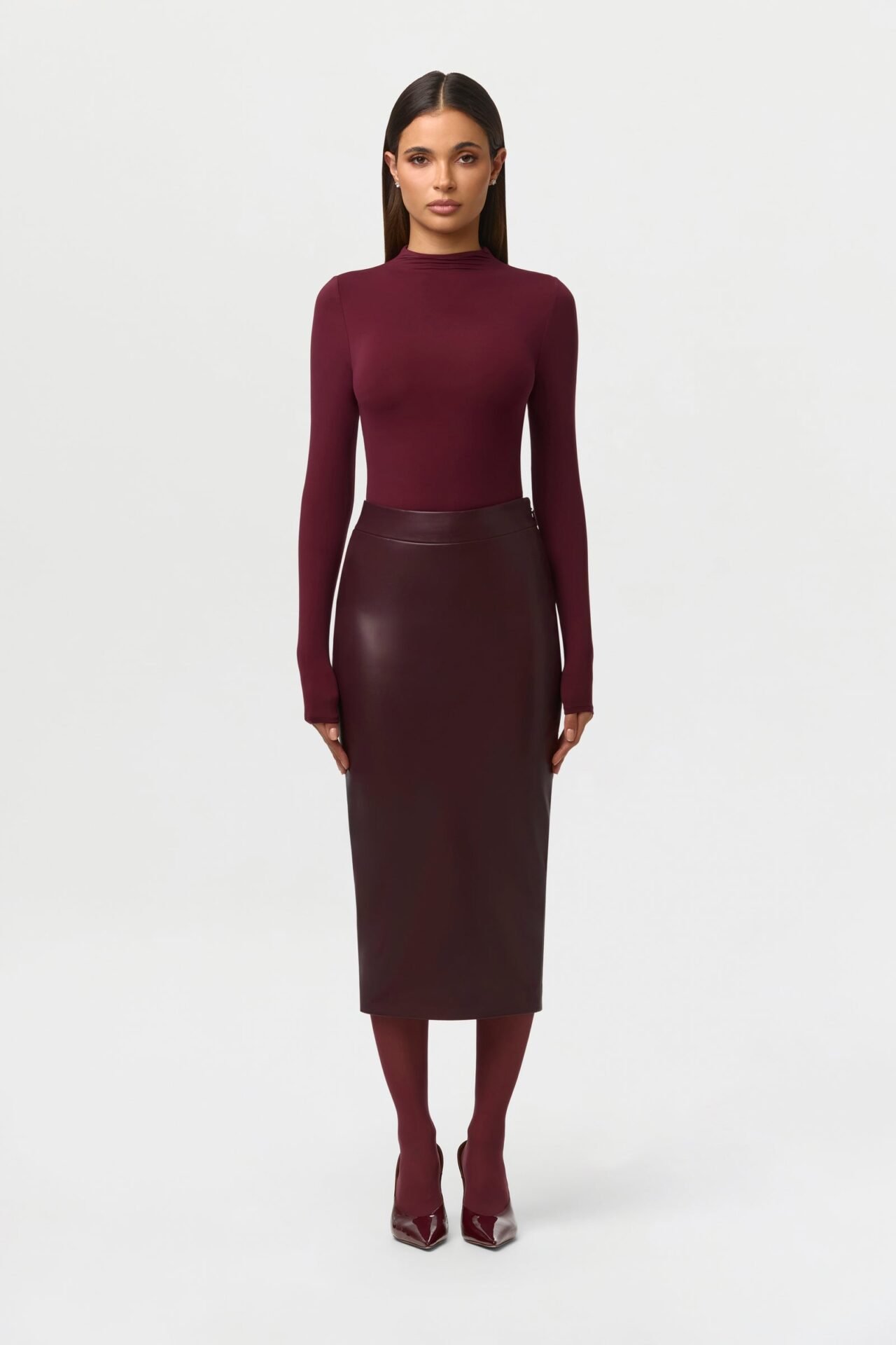 Vegan Leather Midi Skirt (Dark Plum)