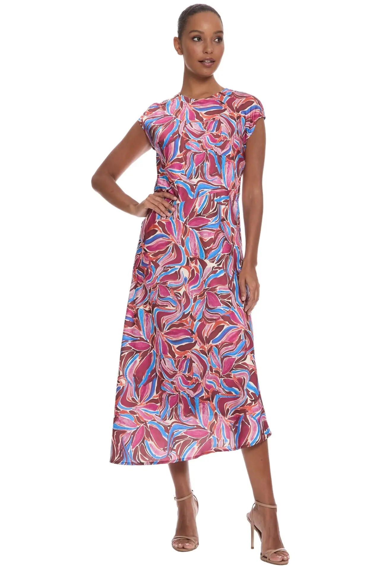 Isla Cap Sleeve Asymmetrical Midi Dress (Ecru/Sangria print)