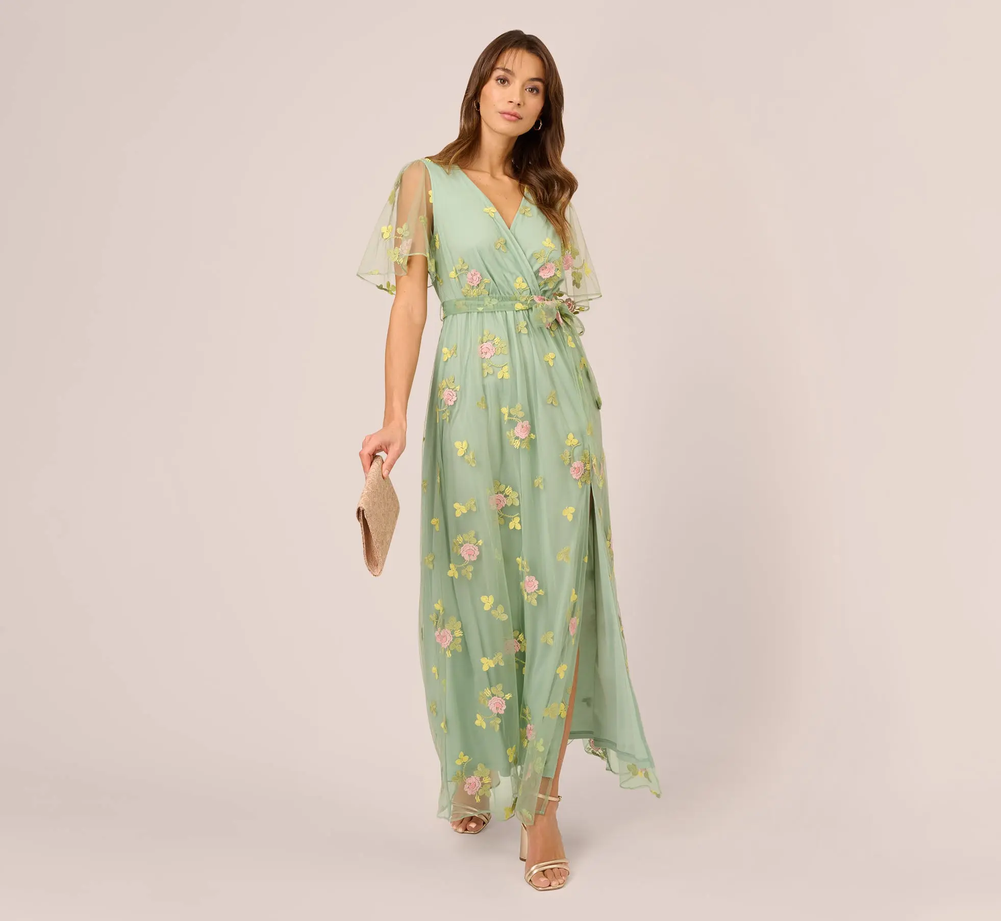 Floral Embroidered Maxi Dress With Sheer Flutter Sleeves (Sage Multi)