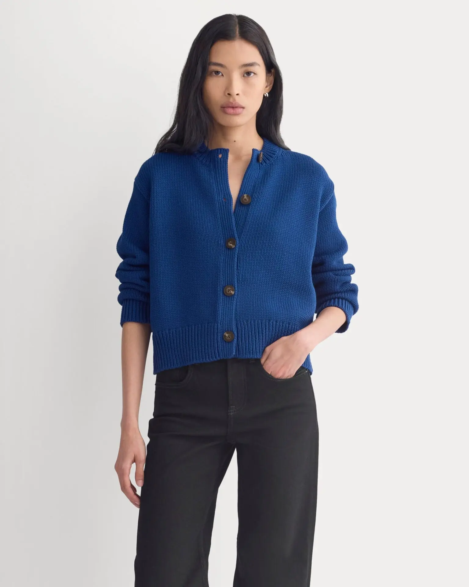 Shrunken Crew Cardigan in Elevated Cotton (Estate Blue)
