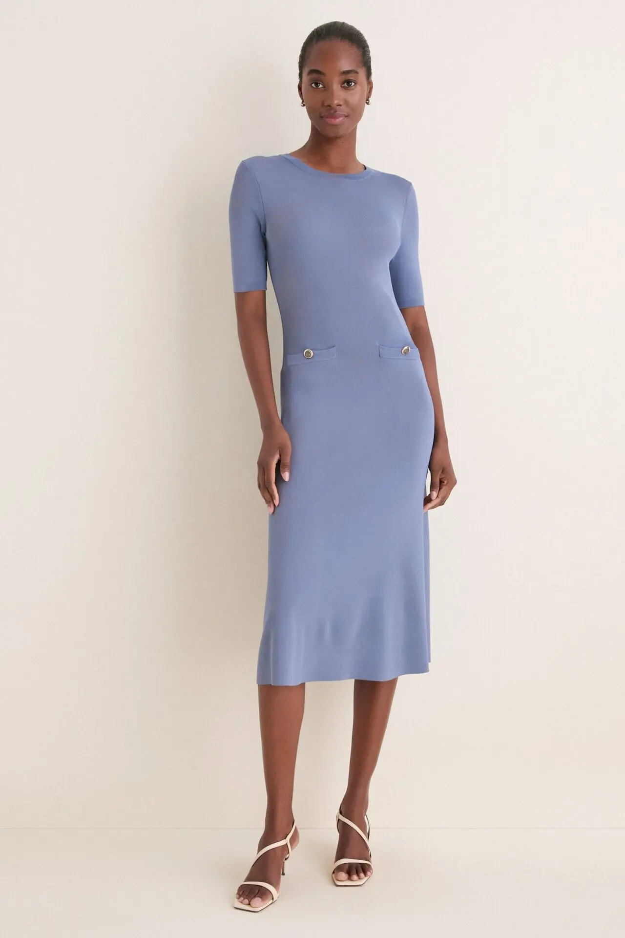 Pearl Blue Knit Fit and Flare Mellor Midi Dress (Pearl Blue)