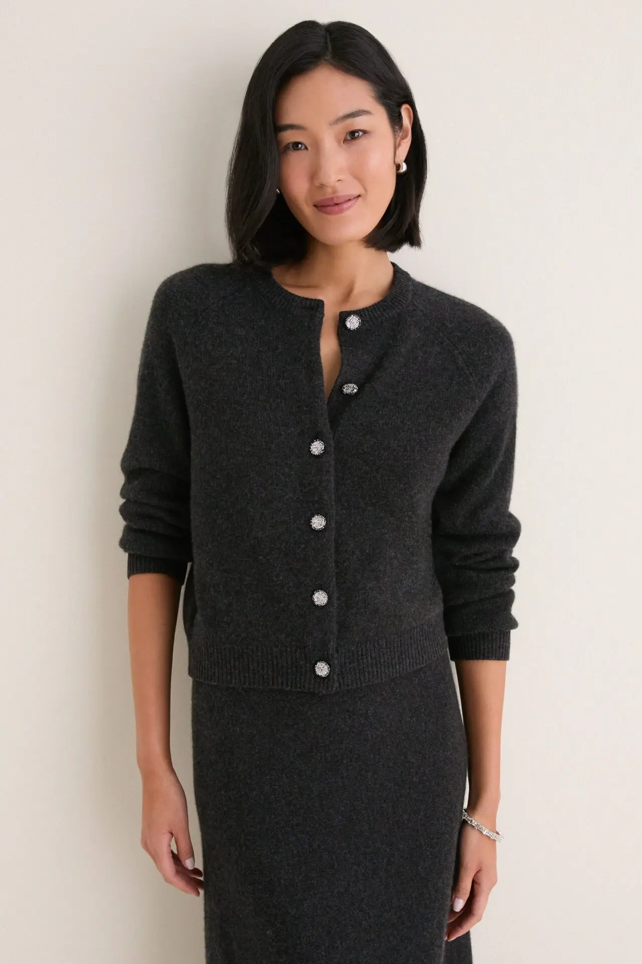 Cashmere Embellished Button Lillian Cardigan (Charcoal)
