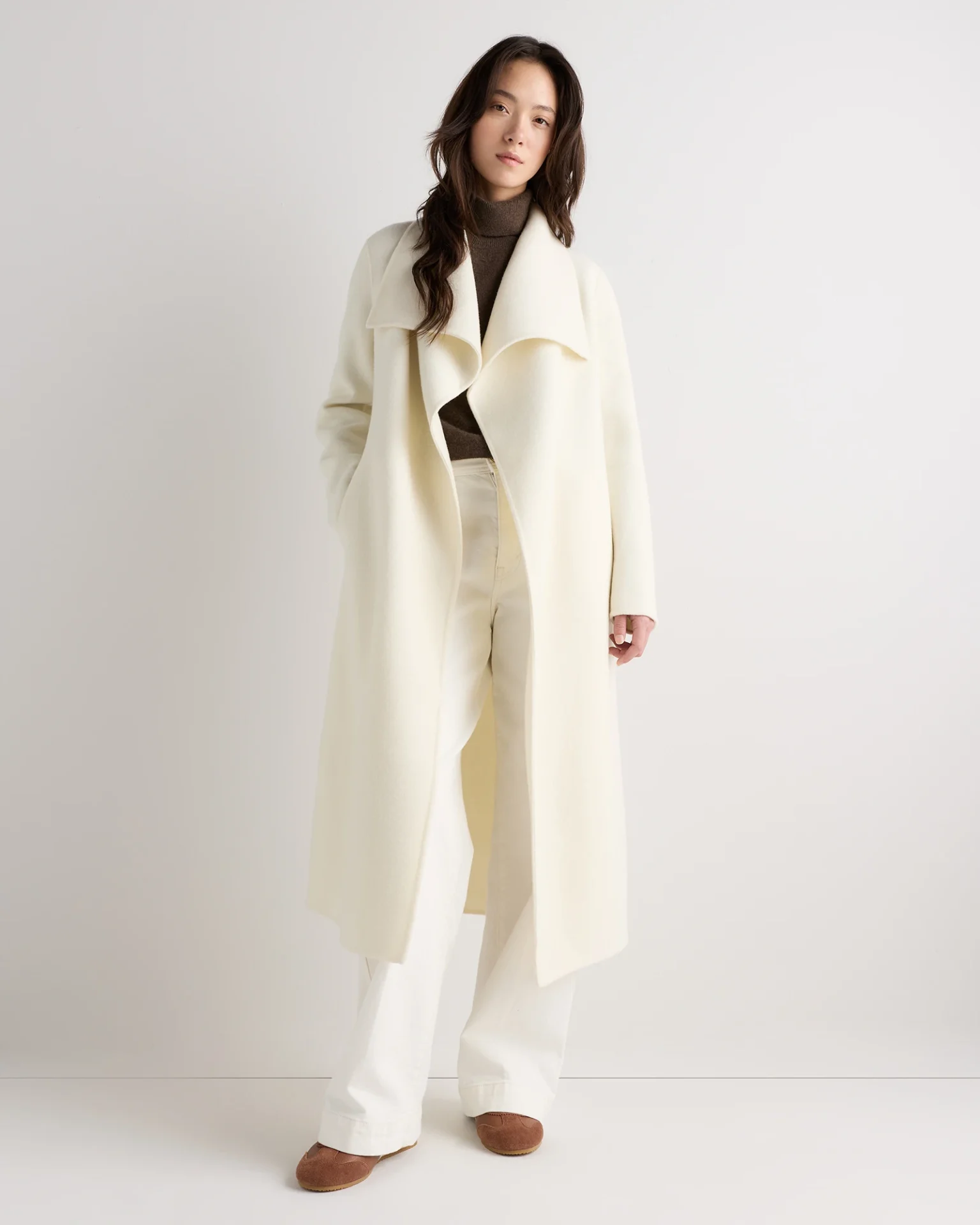 Double-Faced Merino Wool Draped Collar Wrap Coat (Rich Creme Ivory)