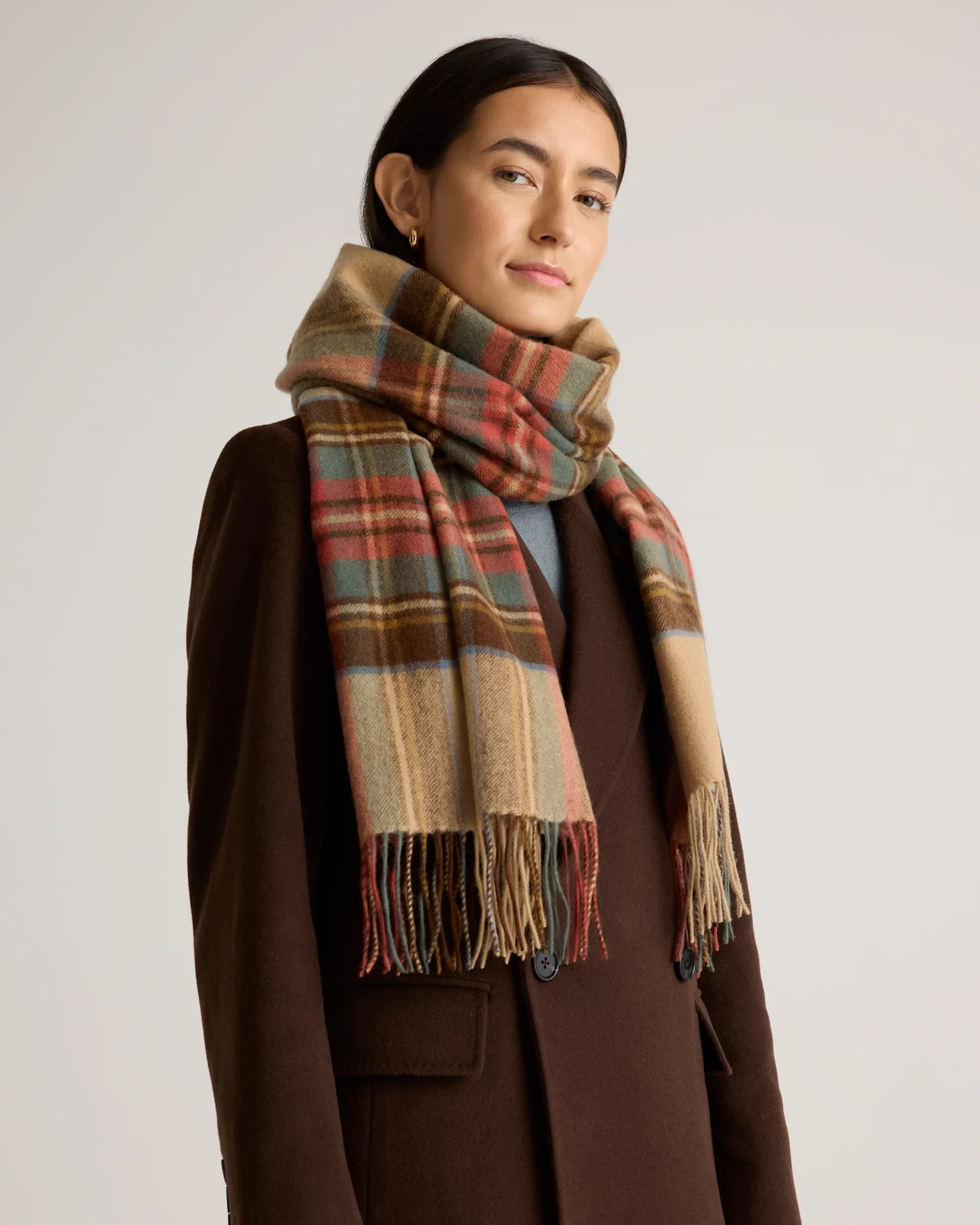 Mongolian Cashmere Tartan Scarf (Oatmeal/Red Tartan)