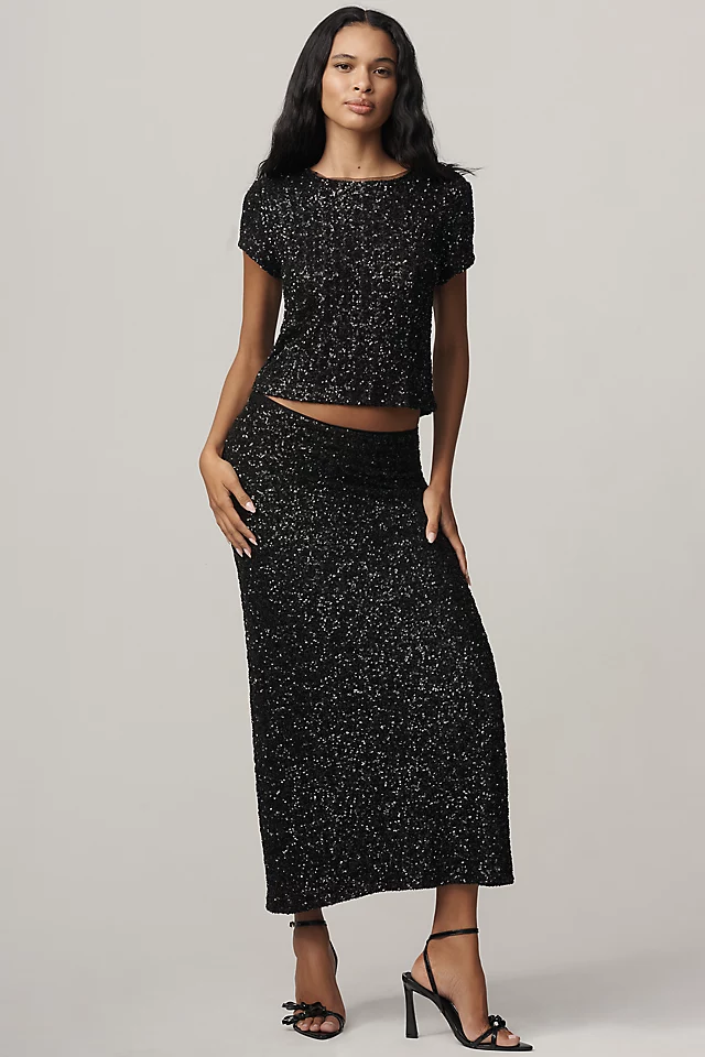 By Anthropologie Tilda Sequin Slip Maxi Skirt (Black)